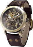 Men's Steampunk Bronze Skeleton Self-Winding Automatic Mechanical Brown Leather Wrist Watch