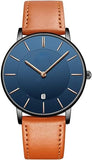 Mens Watch, Minimalist Fashion Simple Wrist Watch Analog Date with Leather Strap