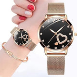 Womens Watch Gifts Set with Bracelet Rose Gold for Lady Female Minimalist Simple Slim Thin Casual Dress Analog Quartz Wrist Watches Waterproof Two Tone