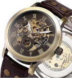 Men's Steampunk Bronze Skeleton Self-Winding Automatic Mechanical Brown Leather Wrist Watch