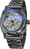 Square Retro Mechanical Watch Self-Wind Carved, Skeleton Automatic Watches Vintage Leather Strap Wristwatch
